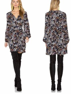 Wayf Black Paisley V-Neck Long Sleeve Dress-size L-NWT